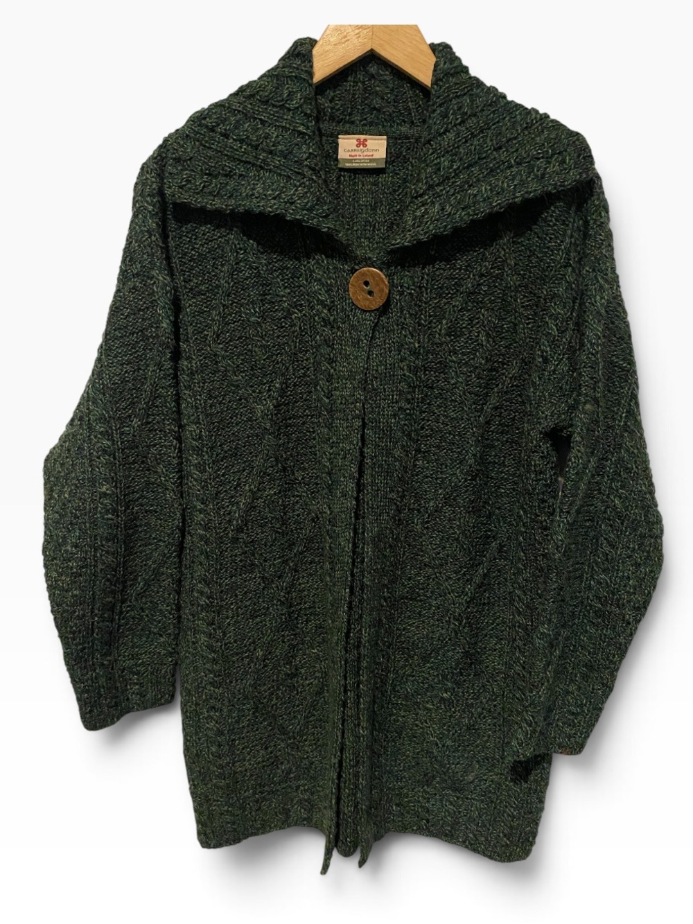 CARRAIGDONN GREEN WOOL CABLE KNIT CARDIGAN WOOL SWEATER MADE IN IRELAND MEDIUM - Picture 3 of 6